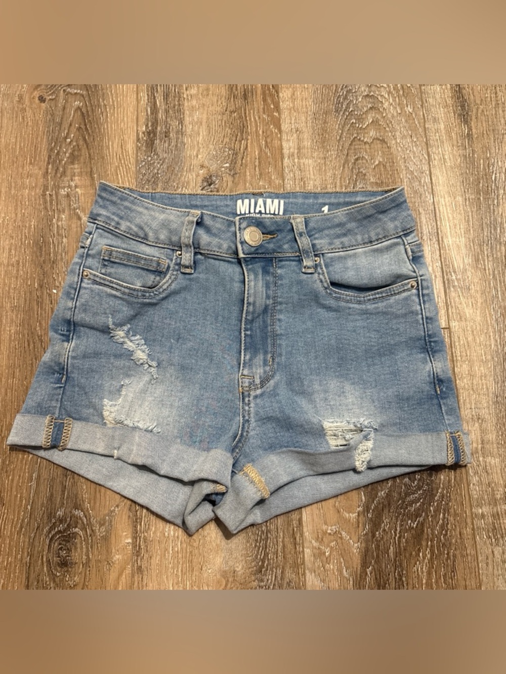 MIAMI Light Blue Distressed Rolled-Hem Denim Shorts